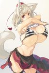  animal_ears bare_arms bikini black_legwear bouncing_breasts breasts clothes_lift hat highres huge_breasts inubashiri_momiji long_hair muneneko navel red_eyes revision ribbed_sweater sleeveless solo striped striped_bikini sweater sweater_lift sweater_vest swimsuit tail thighhighs tokin_hat touhou white_hair wolf_ears wolf_tail 