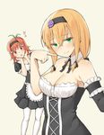  :o aemu_(august_life) bare_shoulders blonde_hair blush breasts cleavage detached_collar frills green_eyes hair_ribbon hairband hands_on_own_chin heart looking_at_another looking_at_viewer maid medium_breasts multiple_girls original pointing pointing_at_self red_eyes red_hair ribbon short_hair smile white_legwear 