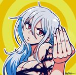  akairiot artist_name breasts cleavage come_at_me_bro head_tilt kagyuu_juubei long_hair looking_at_viewer medium_breasts nejimaki_kagyuu parted_lips red_eyes silver_hair solo torn_clothes 