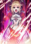  armor arms_up blonde_hair breastplate fate/apocrypha fate_(series) faulds green_eyes mordred_(fate) mordred_(fate)_(all) nauchi open_mouth ponytail solo 