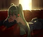  anime_coloring aqua_hair backlighting bad_id bad_pixiv_id bare_shoulders black_skirt closed_mouth couch crossed_arms curtains dark detached_sleeves domo1220 expressionless glowing green_eyes grey_shirt hair_between_eyes hatsune_miku headphones highres indoors light_rays long_hair looking_at_viewer lying on_couch on_stomach pillow shirt skirt sleeveless sleeveless_shirt solo sunlight twintails very_long_hair vocaloid window 