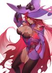  absurdres atorosu black_sclera blazblue blazblue:_central_fiction breasts cape cleavage hat highres konoe_a_mercury large_breasts long_hair red_hair simple_background solo torn_cape very_long_hair white_background witch_hat 