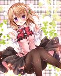  :d black_legwear blouse blush brown_hair buttons clenched_hands clover flower frilled_sleeves frills gochuumon_wa_usagi_desu_ka? hair_ornament hairclip hoto_cocoa knees_together_feet_apart long_sleeves looking_at_viewer neck_ribbon nogi_takayoshi open_mouth pantyhose pink_vest plaid plaid_background purple_eyes rabbit_house_uniform red_ribbon ribbon short_hair skirt smile solo uniform vest white_blouse 
