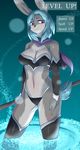  2014 anthro aria_(buriedfrog) big_breasts blue_hair breasts buried_frog clothed clothing detatched_sleeves english_text female grey_skin hair hi_res kemono lagomorph mammal navel purple_eyes rabbit skimpy solo standing text 
