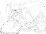  barefoot bat_wings book cross cup drinking_glass glass greyscale hand_on_own_face hat lineart monochrome remilia_scarlet short_hair sitting smile solo tokikane_mikan touhou wine_glass wings 