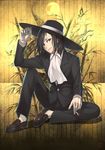  black_hair brown_eyes churayuki cigarette formal full_body hat highres loafers looking_at_viewer male_focus mugen_mamiya mugen_shinshi shoes sitting smile solo suit 