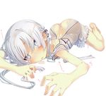  ass dress flat_chest freckles highres looking_at_viewer lying nipple_slip nipples on_stomach original sakuya_tsuitachi silver_eyes silver_hair solo suggestive_fluid trembling wet wet_clothes 