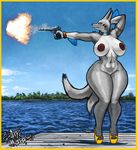  big_breasts breasts female floatzel fur grey_fur nintendo nipple_piercing nipples nude piercing pok&eacute;mon pussy ranged_weapon sligarthetiger smile solo video_games weapon white_fur 