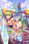  1girl android apron artist_name ass beard bent_over blue_hair blush boots breasts brown_eyes brown_hair bucket bucket_of_water cleavage closed_umbrella day dimension_w dspell facial_hair falling_leaves green_eyes green_hair headgear highres large_breasts leaf looking_at_viewer mabuchi_kyoma mirror multicolored_hair naked_apron outdoors parted_lips power_symbol rag reflection short_hair sideboob standing streaked_hair tail thigh_boots thighhighs tree two-tone_hair umbrella water white_footwear white_legwear yurizaki_mira 