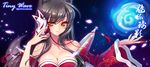 ahri animal_ears bare_shoulders black_hair breasts cleavage collarbone detached_sleeves facial_mark fox_ears fox_mask fox_tail korean_clothes large_breasts league_of_legends long_hair looking_at_another looking_at_viewer magic mask s-yin smile solo tail tassel upper_body watermark web_address whisker_markings yellow_eyes 