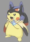  :d blue_fire burning_hand cape clothed_pokemon cosplay fire full_body gen_1_pokemon gen_4_pokemon grey_background hood looking_away lucario lucario_(cosplay) mega_lucario mega_pokemon no_humans open_mouth pikachu pokemon pokemon_(creature) simple_background smile solo standing tetuhebi 