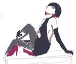  alternate_costume backless_outfit black_dress black_gloves black_hair black_legwear breasts cleavage dress elbow_gloves empty_eyes gloves head_tilt high_heels highres j_adsen looking_at_viewer monogatari_(series) oshino_ougi owarimonogatari pantyhose sideboob sitting sketch small_breasts smile solo 