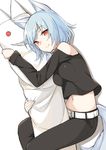  aemu_(august_life) animal_ears bare_shoulders belt blue_hair looking_at_viewer lying midriff navel on_side original pillow pillow_hug red_eyes smile solo tail wolf_ears wolf_tail 