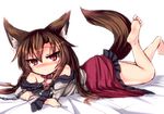  animal_ears bare_shoulders barefoot bed_sheet blush brooch brown_hair collar dog_collar full_body hair_between_eyes imaizumi_kagerou jewelry karasuma_amiru legs_up long_hair long_sleeves looking_at_viewer lying on_stomach red_eyes solo tail the_pose touhou tsurime white_background wolf_ears wolf_tail 