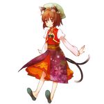  :3 alternate_costume animal_ears bracelet brown_eyes brown_hair cat_ears cat_tail chen full_body highres jewelry multiple_tails nail_polish no_nose outstretched_arms red_nails sabo_(fuya_2) short_hair single_earring solo tail touhou transparent_background 