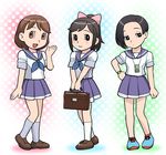  anegasaki_nene bag black_hair bob_cut brown_hair fujiko_f_fujio_(style) hair_ribbon kobayakawa_rinko love_plus multiple_girls parody ponytail ribbon school_uniform serafuku short_hair style_parody takane_manaka ueyama_michirou 