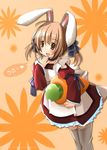  animal_ears apron blush brown_eyes brown_hair bunny_ears bunny_tail carrot frilled_skirt frills hair_ribbon happy maid open_mouth original ribbon shibacha short_hair skirt solo tail thighhighs twintails 