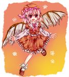  alternate_costume animal_ears dress happy hat hat_ribbon legs long_sleeves mystia_lorelei open_mouth pink_hair red_eyes ribbon shoes short_hair smile socks solo touhou wings yuyu_haruko 