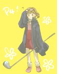  ? adjusting_eyewear arm_at_side bad_id bad_pixiv_id blazer blush borrowed_garments botiboti brown_eyes brown_hair closed_mouth copyright_name cosplay doujima_nanako dress eyewear_on_head flower_(symbol) frown full_body glasses golf_club hand_up holding jacket long_sleeves loose_socks male_focus narukami_yuu narukami_yuu_(cosplay) open_clothes open_jacket oversized_clothes persona persona_4 pink_footwear shoes short_dress simple_background sleeves_past_wrists socks solo standing turtleneck twintails white_legwear yellow_background 