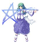  absurdres bad_id bad_pixiv_id blush boots breasts detached_sleeves foferozze frog full_body green_hair hair_ornament highres kochiya_sanae long_hair medium_breasts pentagram snake solo spell_card star touhou transparent_background yellow_eyes 