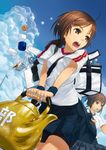  ahoge bad_id bad_pixiv_id bag bandaged_fingers bandages bike_shorts brown_eyes brown_hair cloud day double_vertical_stripe hair_ornament hairclip kettle mishima_yoshikatsu multiple_girls original pocari_sweat skirt sweat sweatband 