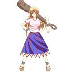  blonde_hair breasts chain club cuffs full_body geta hand_on_hip highres horn hoshiguma_yuugi kanabou large_breasts long_hair red_eyes rick.black skirt solo standing touhou transparent_background weapon 