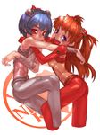  ayanami_rei bandages blue_eyes blue_hair bodysuit cast cropped_legs evangelion:_2.0_you_can_(not)_advance hug long_hair multicolored multicolored_bodysuit multicolored_clothes multiple_girls neon_genesis_evangelion orange_bodysuit plugsuit rebuild_of_evangelion red_bodysuit red_eyes red_hair shikinami_asuka_langley short_hair souryuu_asuka_langley takoyaki_neko-san test_plugsuit white_bodysuit 