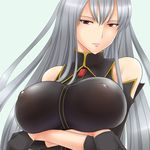  1girl bare_shoulders big_breasts breasts crossed_arms erect_nipples female gloves large_breasts long_hair military military_uniform red_eyes selvaria_bles senjou_no_valkyria senjou_no_valkyria_1 shown silver_hair simple_background solo uniform 