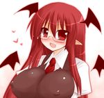  animal_ears arayama_reiichi bespectacled blush breasts covered_nipples fang glasses head_wings huge_breasts koakuma long_hair red_eyes red_hair solo touhou 