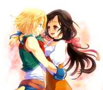  1girl blonde_hair blue_eyes bodysuit brown_eyes brown_hair cinnamon1445 couple final_fantasy final_fantasy_ix garnet_til_alexandros_xvii hair_ribbon happy hetero hug long_hair low-tied_long_hair orange_bodysuit ponytail ribbon smile zidane_tribal 