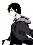  1boy black_hair durarara!! jacket juu_ya male male_focus orihara_izaya pixiv_thumbnail red_eyes resized short_hair simple_background smile solo white_background 