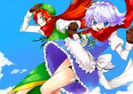  bad_id bad_pixiv_id blue_eyes braid chinese_clothes colorized gloves green_eyes hairband hat highres hong_meiling izayoi_sakuya long_hair maid multiple_girls nuime red_hair scarf short_hair silver_hair thigh_strap tima touhou twin_braids 
