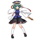  aoilio bad_id bad_pixiv_id blue_eyes frown full_body green_hair hat highres pigeon-toed ribbon rod_of_remorse shiki_eiki short_hair solo touhou transparent_background wide_sleeves 