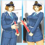  breasts brown_hair hat huge_breasts legs pantyhose peaked_cap police police_uniform policewoman short_hair type43 uniform 