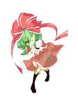  boots bow cusozee dress frills green_eyes green_hair hair_ribbon highres kagiyama_hina knee_boots one_eye_closed ribbon smile solo stitches touhou transparent_background 