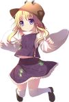  absurdres blonde_hair full_body hair_ribbon hat highres hiraga_matsuri jumping midriff moriya_suwako navel pinching_sleeves purple_eyes ribbon sleeves_past_wrists smile solo thighhighs touhou transparent_background turtleneck wide_sleeves zettai_ryouiki 