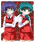  blue_eyes blue_hair braid glasses green_eyes green_hair hair_over_shoulder hidamari_sketch highres kohakugin multiple_girls natsume_(hidamari_sketch) sae school_uniform 