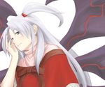 capelet grey_eyes hair_bobbles hair_ornament hands lavender_hair long_hair multiple_wings purple_wings red_capelet ribbon serene_(gusarme) shinki side_ponytail simple_background smile solo touhou turtleneck wings 