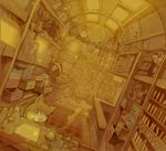 1girl animal_ears aoneko bag book child clock dutch_angle elixir fang fantasy flask globe indoors key laboratory monochrome muted_color open_mouth original poster potion rooftop room rope scroll sepia shelf smoke yellow 
