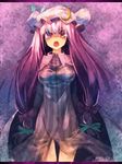  angry border bow breasts crescent hair_bow hat highres large_breasts long_hair open_mouth patchouli_knowledge purple_eyes purple_hair robe shirt solo standing striped taut_clothes taut_shirt tears thigh_gap touhou ukyo_rst 