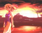  bad_id bad_pixiv_id beatmania blonde_hair one-piece_swimsuit original red_eyes solo sunset swimsuit sys.ao 