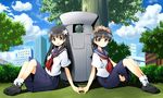  black_eyes black_hair cloud day head_wreath holding_hands long_hair multiple_girls ruu_(tksymkw) sakugawa_school_uniform saten_ruiko school_uniform serafuku short_hair sitting skirt sky to_aru_kagaku_no_railgun to_aru_majutsu_no_index tree uiharu_kazari 