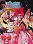  blue_flower blue_hair blue_rose bow clock dress flower hat konko looking_back petals pocket_watch red_eyes remilia_scarlet rose solo touhou watch wings 