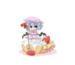  :3 alternate_wings bad_id bad_pixiv_id blue_hair cake chibi eiri_(eirri) food fork fruit hat highres in_food minigirl pastry puffy_short_sleeves puffy_sleeves remilia_scarlet short_hair short_sleeves smirk solo standing strawberry touhou wings 