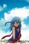  bad_id bad_pixiv_id blue_eyes blue_hair cloud day field flower flower_field hikari_(pokemon) long_hair more_(ambiva) pokemon scarf skirt sky solo 