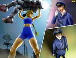 2boys abs armpits arms_up belt bike_shorts blonde_hair blue_eyes braid breasts cleavage clenched_teeth covered_nipples crop_top giantess glasses holding large_breasts long_hair midriff moon multiple_boys muscle necktie night omc outdoors police police_uniform robot sky sports_bra sweat teeth type43 uniform 