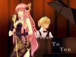  1girl aqua_eyes black_dress blonde_hair bow breasts butterfly_wings cleavage closed_eyes dress earrings flower formal gloves grand_piano hair_flower hair_ornament instrument jewelry kagamine_len long_hair matsukaze_(chen7yue) medium_breasts megurine_luka microphone microphone_stand piano pink_hair sitting suit vocaloid wings 