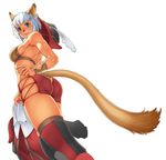  absurdres animal_ears armpits ass ass_cutout back blue_eyes boots bracer breasts butt_crack cat_ears cat_tail facial_mark feathers final_fantasy final_fantasy_xi from_behind gochou_(kedama) hat highres large_breasts looking_back mithra no_panties red_mage shiny shiny_skin short_hair short_shorts shorts sideboob simple_background smile solo standing tail tail_slit_clothes tail_through_clothes thigh_boots thighhighs white_hair 
