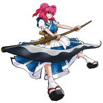  bad_id bad_pixiv_id breasts carotene_gabriel full_body hair_bobbles hair_ornament highres large_breasts onozuka_komachi pink_hair red_eyes sandals scythe short_hair solo touhou transparent_background two_side_up weapon 