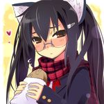  animal_ears bad_id bad_pixiv_id bag bespectacled black_hair blush brown_eyes cat_ears food glasses hair_ornament hairclip k-on! long_hair nakano_azusa osa_(osaosa) paper_bag plaid plaid_scarf scarf school_uniform solo taiyaki twintails wagashi 